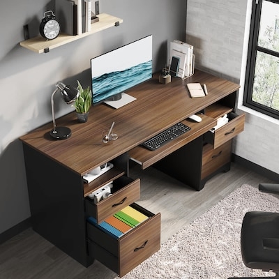 Executive Desk Traditional, Dark Wood with Integrated Hutch