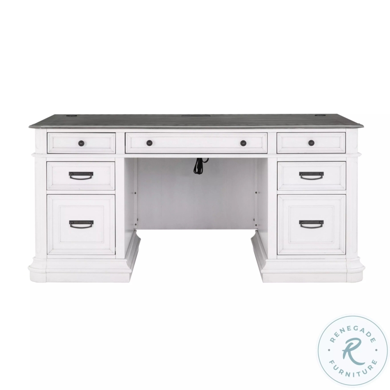 Executive Desk Traditional White Base Dark Wood Top Recessed Panels