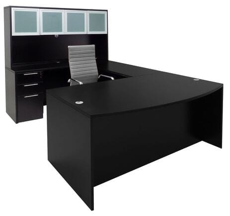 Executive Desk, U-Shaped Configuration, Glass Door Hutch