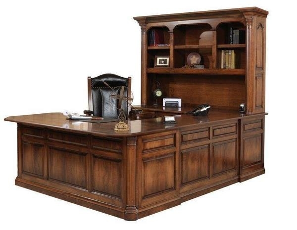 Executive Desk U-Shaped Slatted Sides Mission Style Wood Hutch