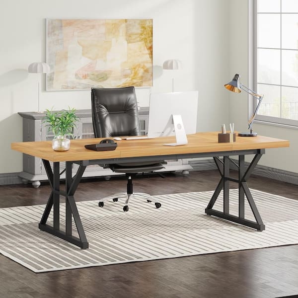 Executive Desk Walnut Finish 70 Inch Width Thick Metal Frame Industrial