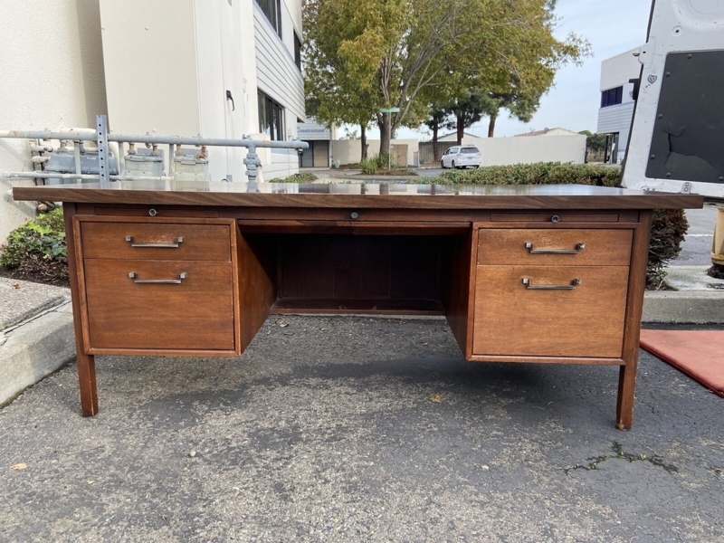 Executive Desk Walnut with Black Leather-Like Inset Dual Pedestals