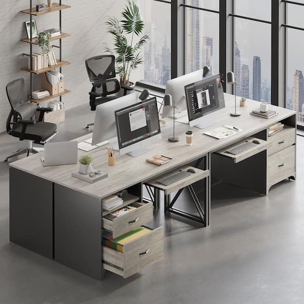 Executive Desk Weathered Grey Finish Dual Pedestal Keyboard Tray Oak