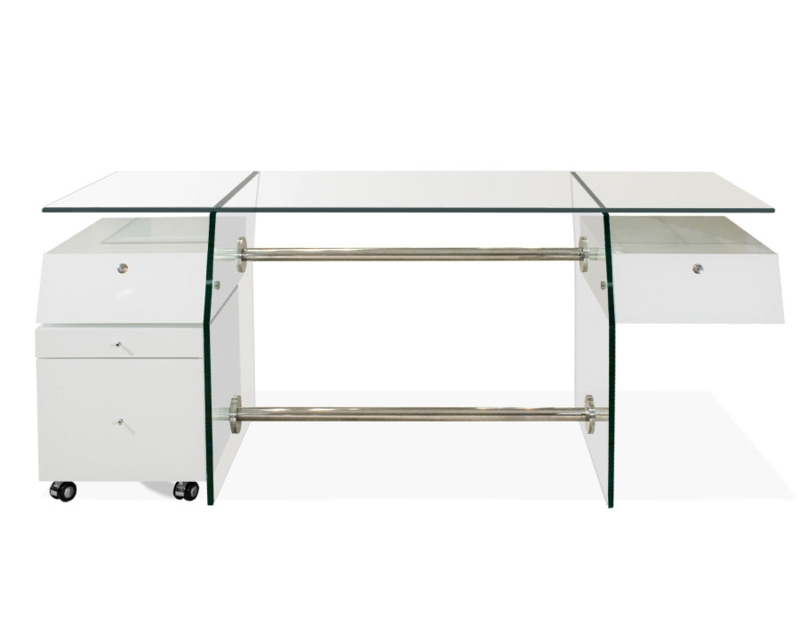 Executive Desk White Lacquer Pedestals Thick Glass Floating Top