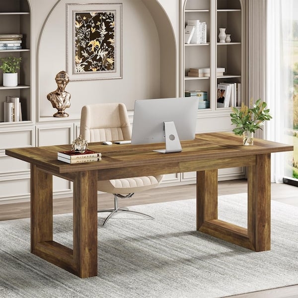 Executive Desk with Center Open Slot and Two Drawers. Warm Wood Finish.