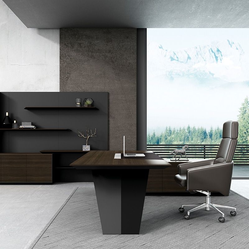 Executive Desk with Floating Desktop, Integrated Cabinetry, Dark Wood
