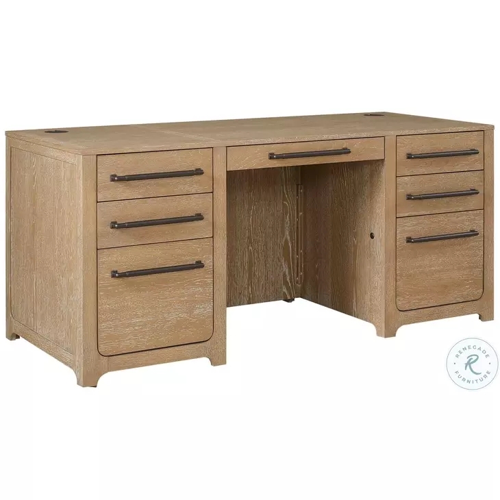 Executive Desk with Fluted Drawers in Light Wood Double Pedestal