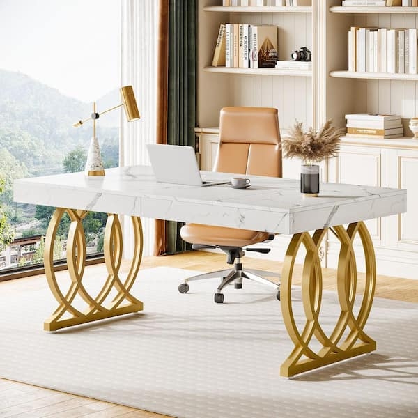 Executive Desk with Geometric Gold Base for Luxury White and Gold Office