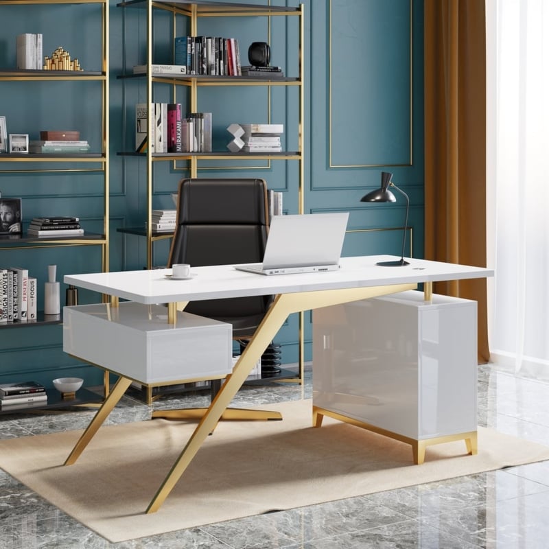 Executive Desk With Gold Toned Metal Frame And Asymmetrical Storage