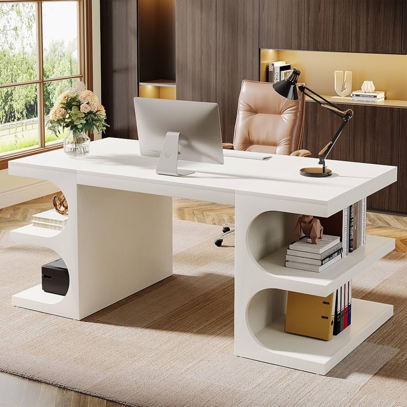 Executive Desk with Gold V-Shaped Legs and Integrated Open Shelving