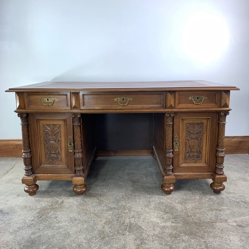 Executive Desk with Green Leather Top and Wheel Casters, Traditional