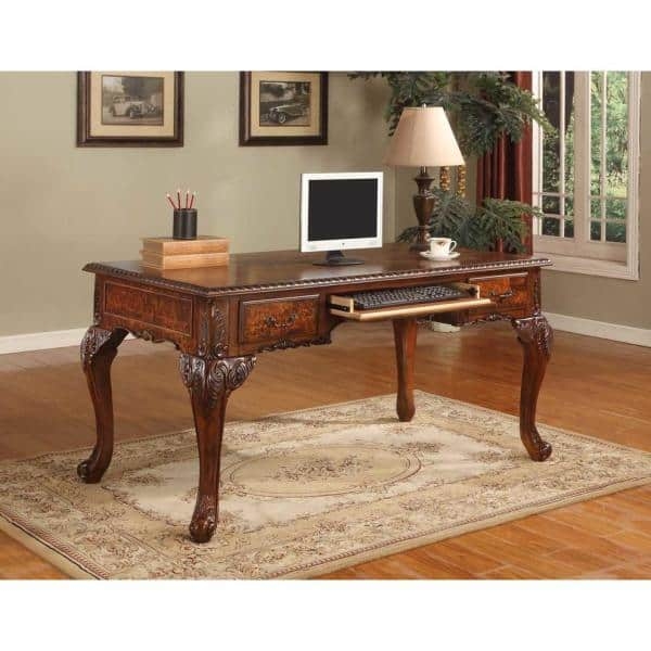 Executive Desk with Hand Carved Details in Walnut Tone Finish