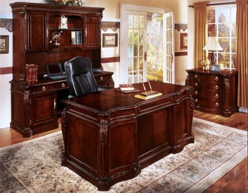 Executive Desk with Hutch Credenza Base Glass Doors Storage