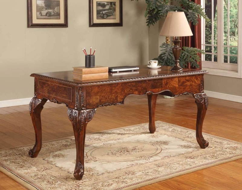 Executive Desk with Leather-Like Inlay and Ornate Carvings