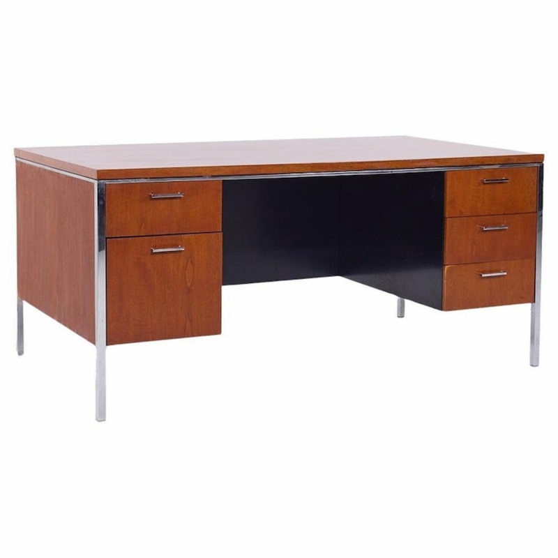 Executive Desk with Mid-Century Modern Style and Floating Walnut Wood Top