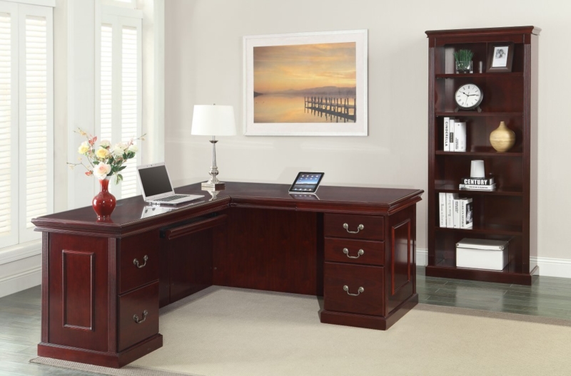 Executive Desk with Royal Cherry Finish, L-Shaped Return & Bookcase.