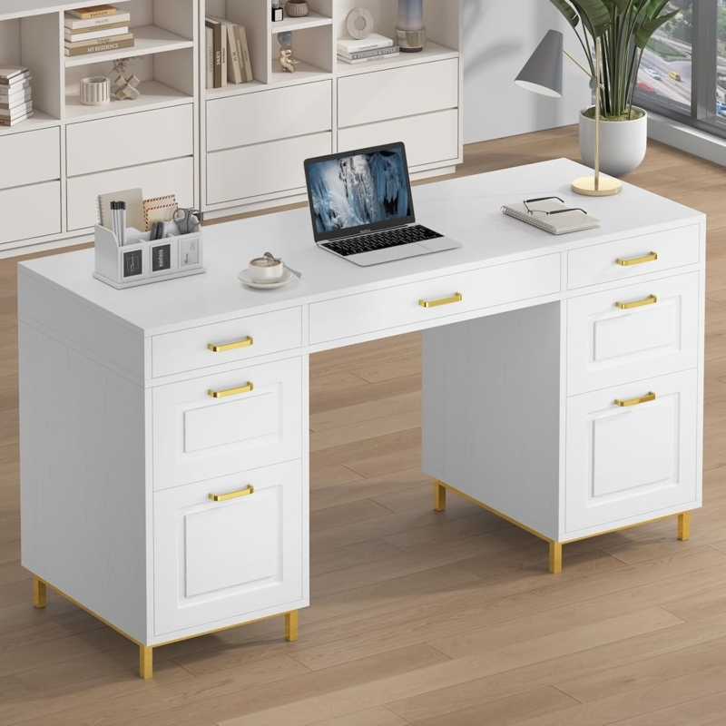 Executive Desk with Seven Drawers and Gold Metal Base in White