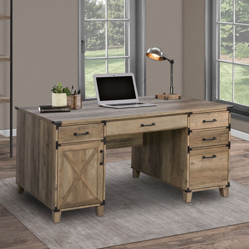 Executive Desk X-Brace Details Double Pedestal Storage Wood Toned