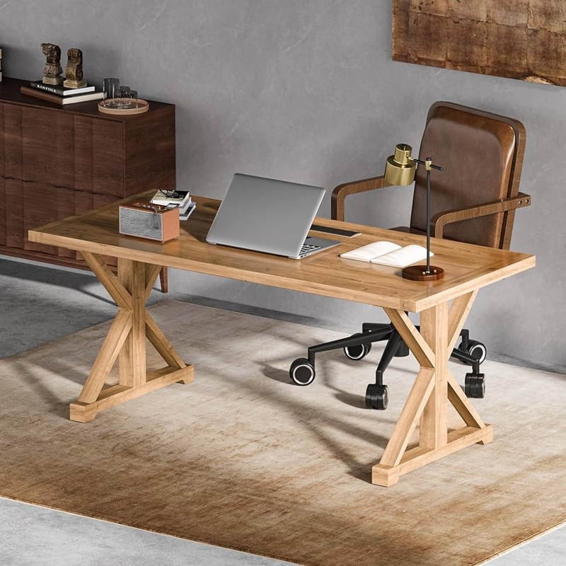 Executive Desk X-Trestle Base Thick Wood Top Rustic Farmhouse Office