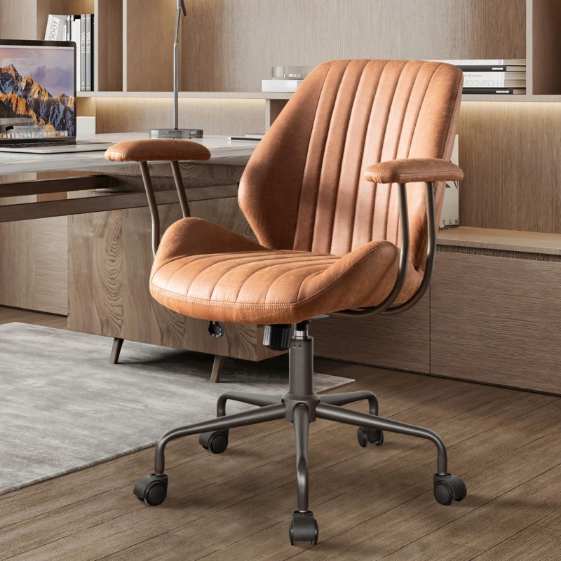 Executive Office Chair Bentwood Button Tufted Brown Leather Swivel