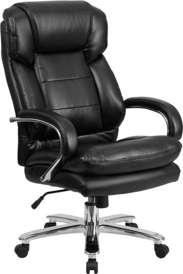 Executive Office Chair: Black Leather-Like, Thick Seat Cushion, Loop Arms.