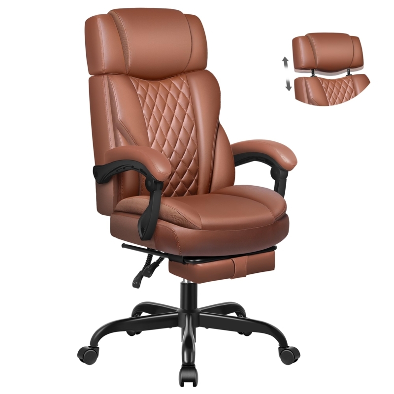 Executive Office Chair Black Leather-like with Retractable Footrest
