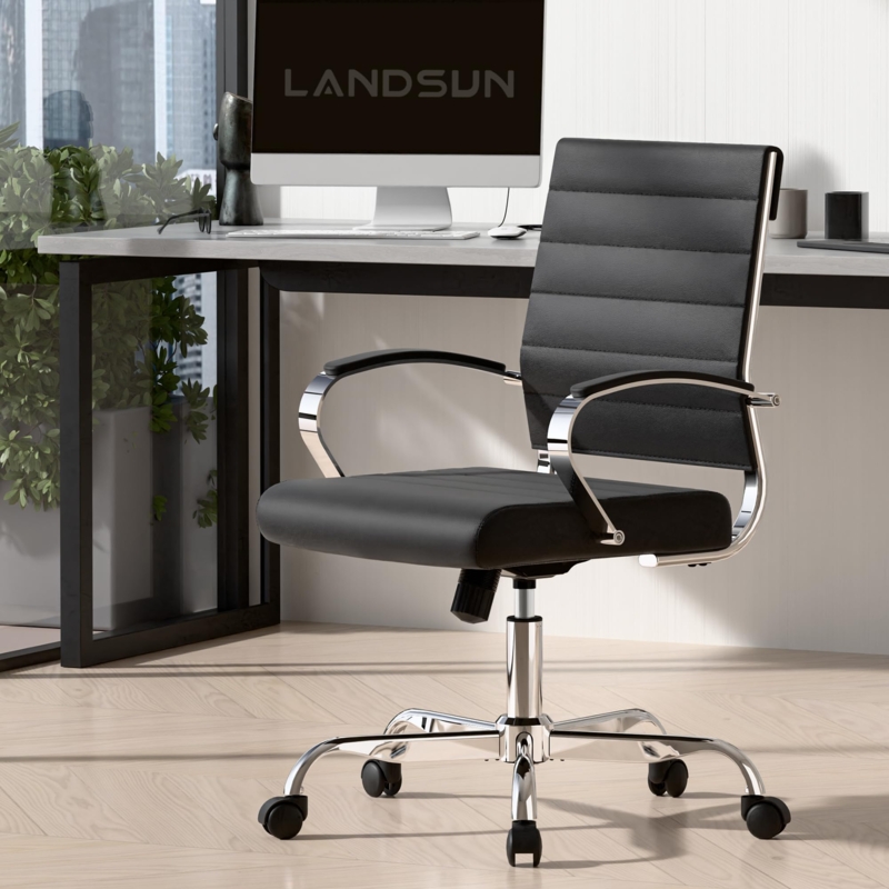 Executive Office Chair Black Ribbed Padded Armrests Modern Chrome