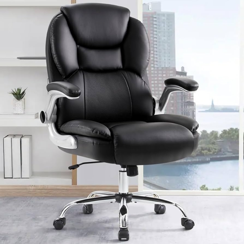 Executive Office Chair Black Segmented Padding Flip-Up Armrests