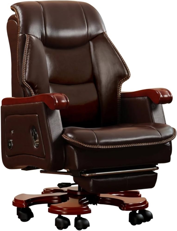 Executive Office Chair: Dark Brown Leather-Like with Retractable Footrest.
