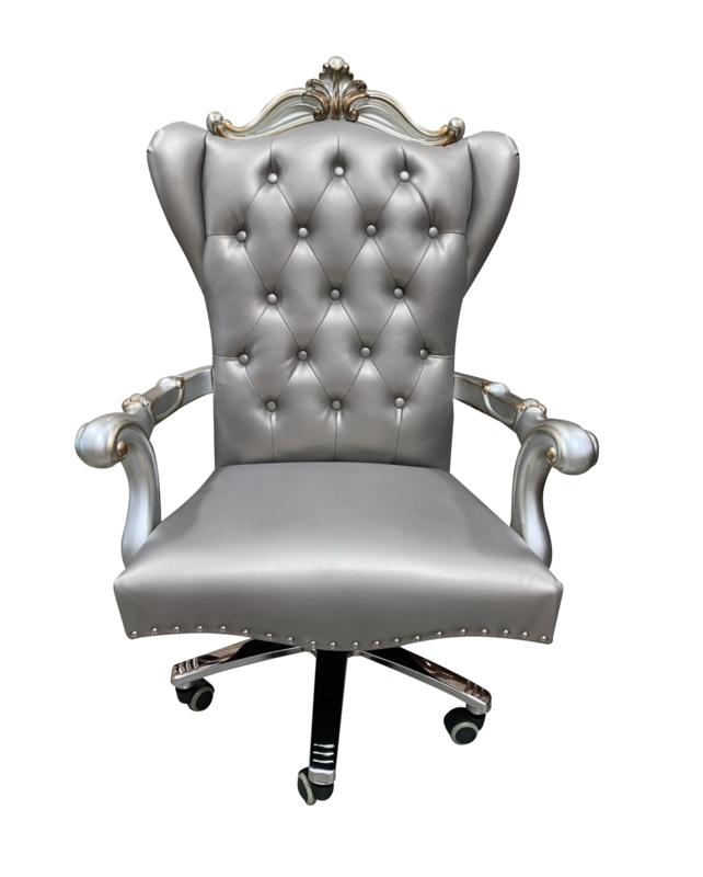 Executive Office Chair in Silver Platinum with Scrollwork Carving