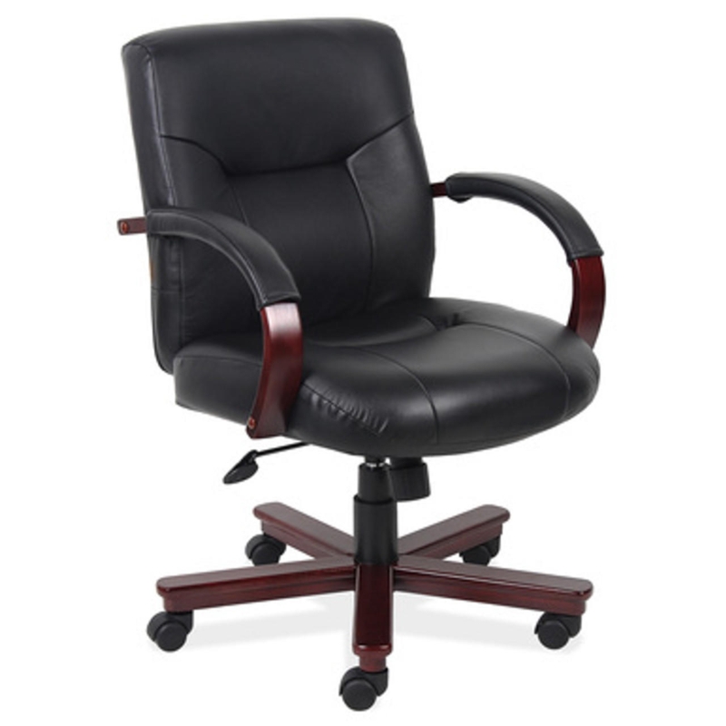 Executive Office Chair Mahogany Wood Frame Ribbed Black Upholstery
