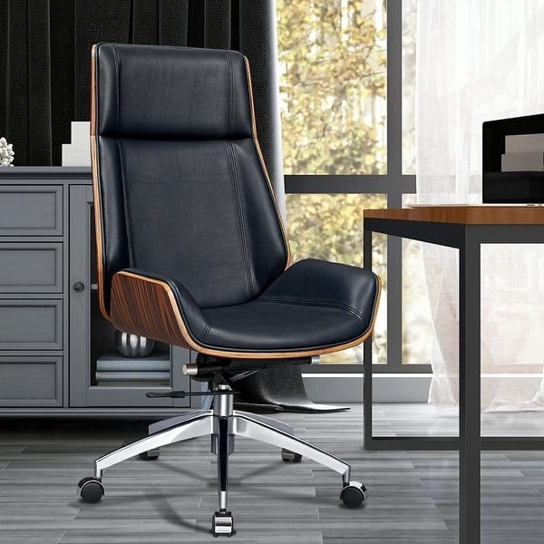 Executive Office Chair: Mid-Century Modern Black Leather-Like Wood Shell.