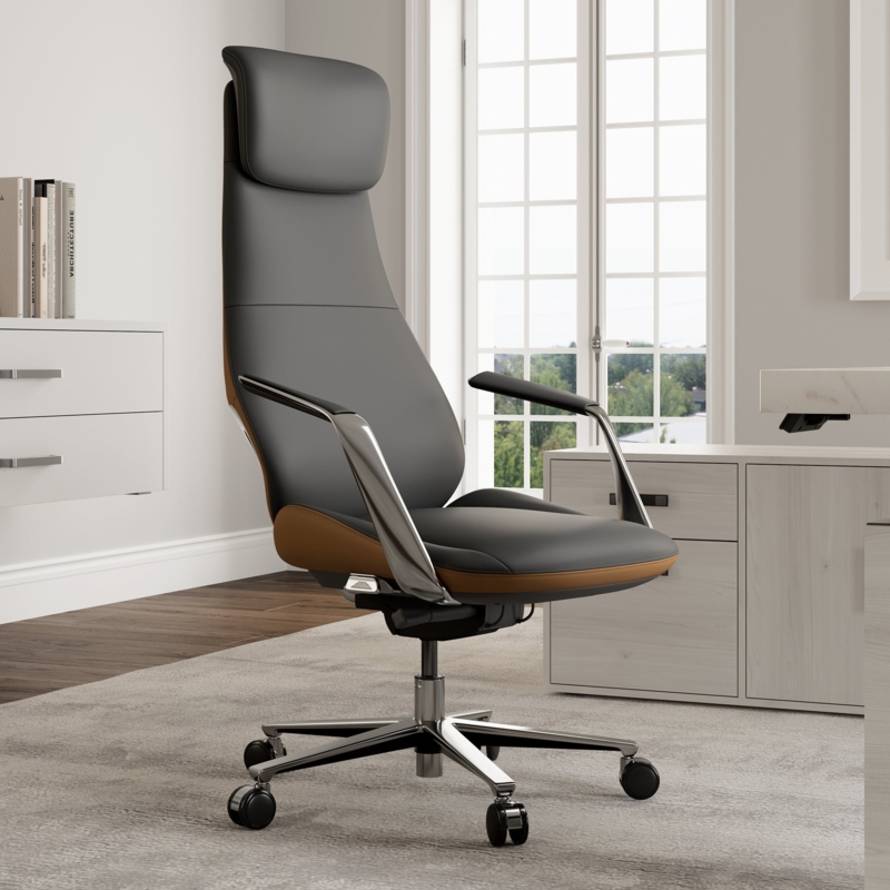 Executive Office Chair with Segmented Padding, Dark Brown Leather-Like.