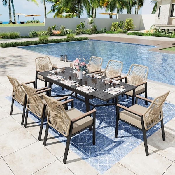 Expandable Rectangular Garden Table with Woven Rope Chairs & Black Metal