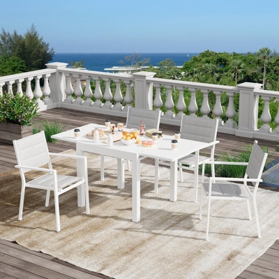 Extendable Patio Dining Table Matte Black Metal Slatted Top Modern