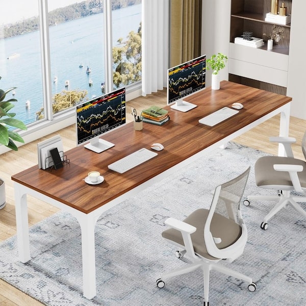 Extra Long Two-Person Computer Desk with Walnut Top and White Drawers