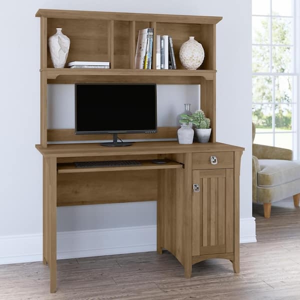 Farmhouse Computer Desk with Hutch, Storage Cabinet, Cup Pulls, Grey Pine.