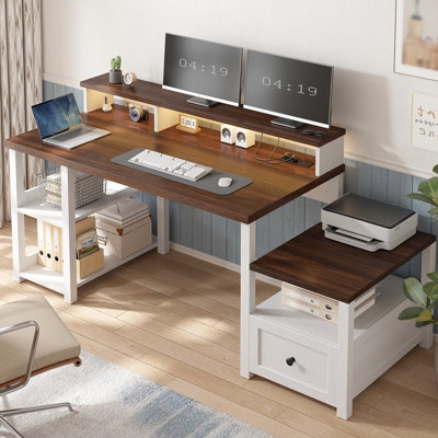 Farmhouse Computer Desk with Monitor Stand & Keyboard Tray