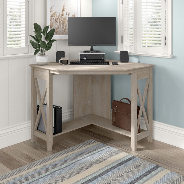 Farmhouse Corner Desk with White X-Frame and Grey Wood Top