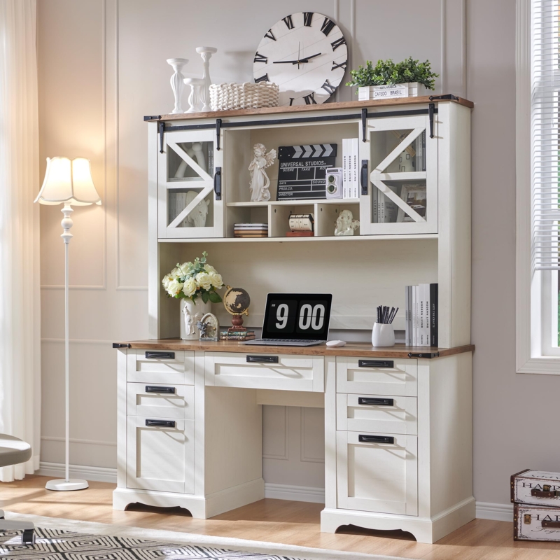 Farmhouse Desk with Hutch Storage, Antique White