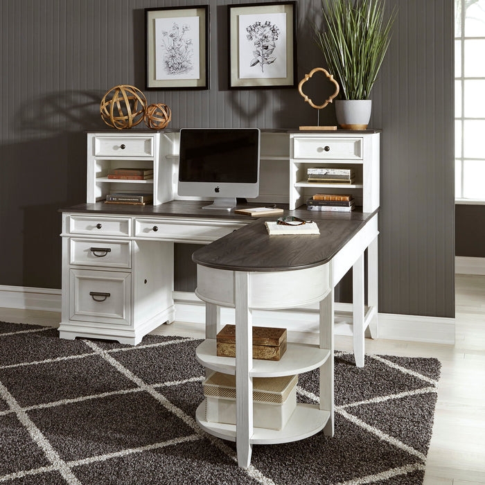 Farmhouse L-Shaped Desk with Hutch, Two-Tone Finish, and X-Braces