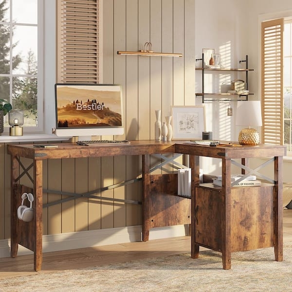 Farmhouse L-Shaped Desk with Storage and Bookshelf
