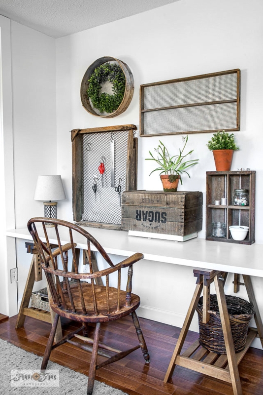 Farmhouse Sewing Table with Weathered Plank Trestle Base