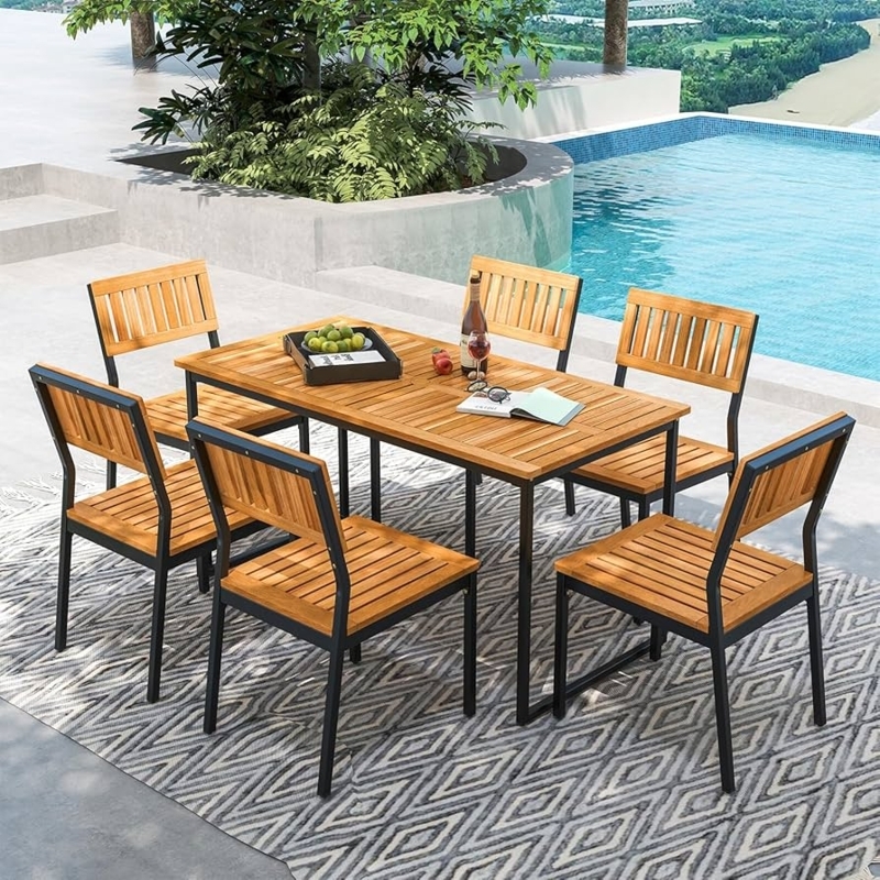 Farmhouse Style Outdoor Dining Set Honey Wood Woven Bucket Chairs