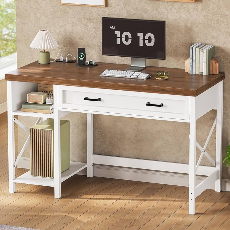 Farmhouse Writing Desk: White & Wood with X-Frame Side Detail and Shelves