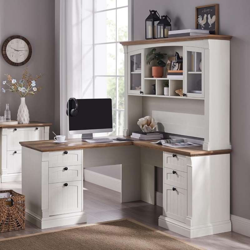 Farmhouse Writing Desk with Hutch, White X-Brace Sides