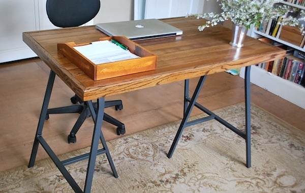 Farmhouse Writing Desk with Reclaimed Wood Look and White Trestle Legs