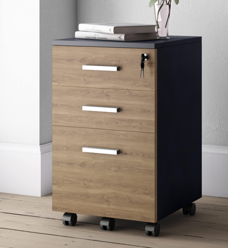 File Cabinet 3-Drawer Walnut Finish Locking Casters Modern Office