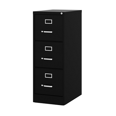 File Cabinet, Black Metal, Vertical Storage, Label Holders, Locking.