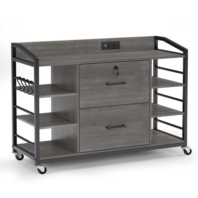 File Cabinet Charcoal Grey Integrated Side Shelves Black Metal Legs